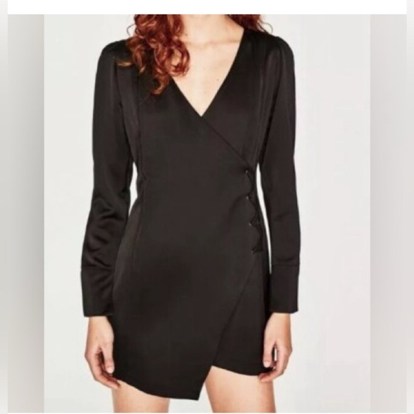 Zara Black Lace Up Cross Over Longsleeve Satin Dress Size medium - Picture 1 of 10